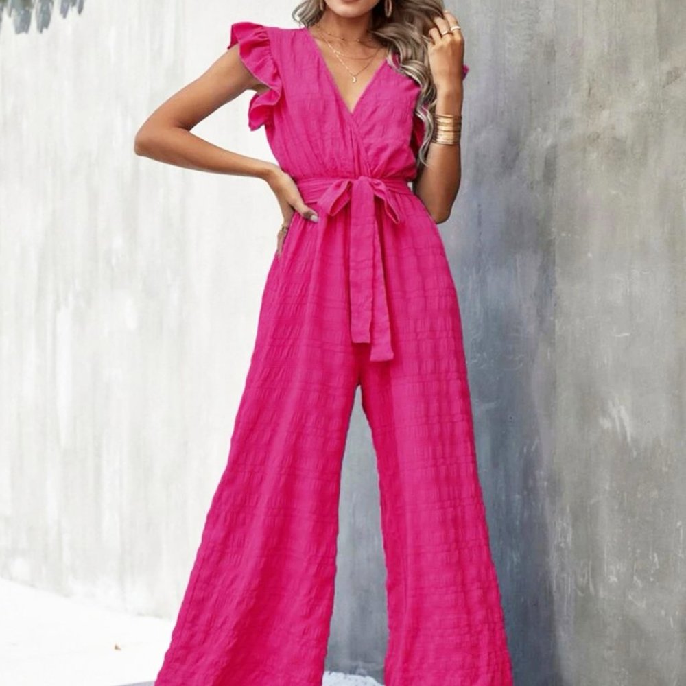 Surplice Neck Ruffle Belted Wide Leg Jumpsuit